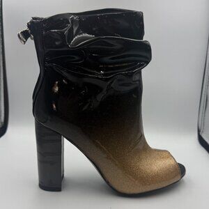 NWT FSJ Peep Toe Slouch Ankle Boots Patent Glitter Gold Black Chunky Heel size 6